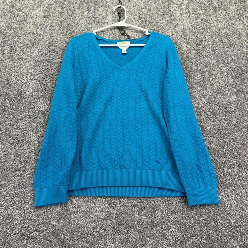 Talbots Pima Cotton Sweater Womens Large Blue V Neck Cable Knit Pullover Lng Slv
